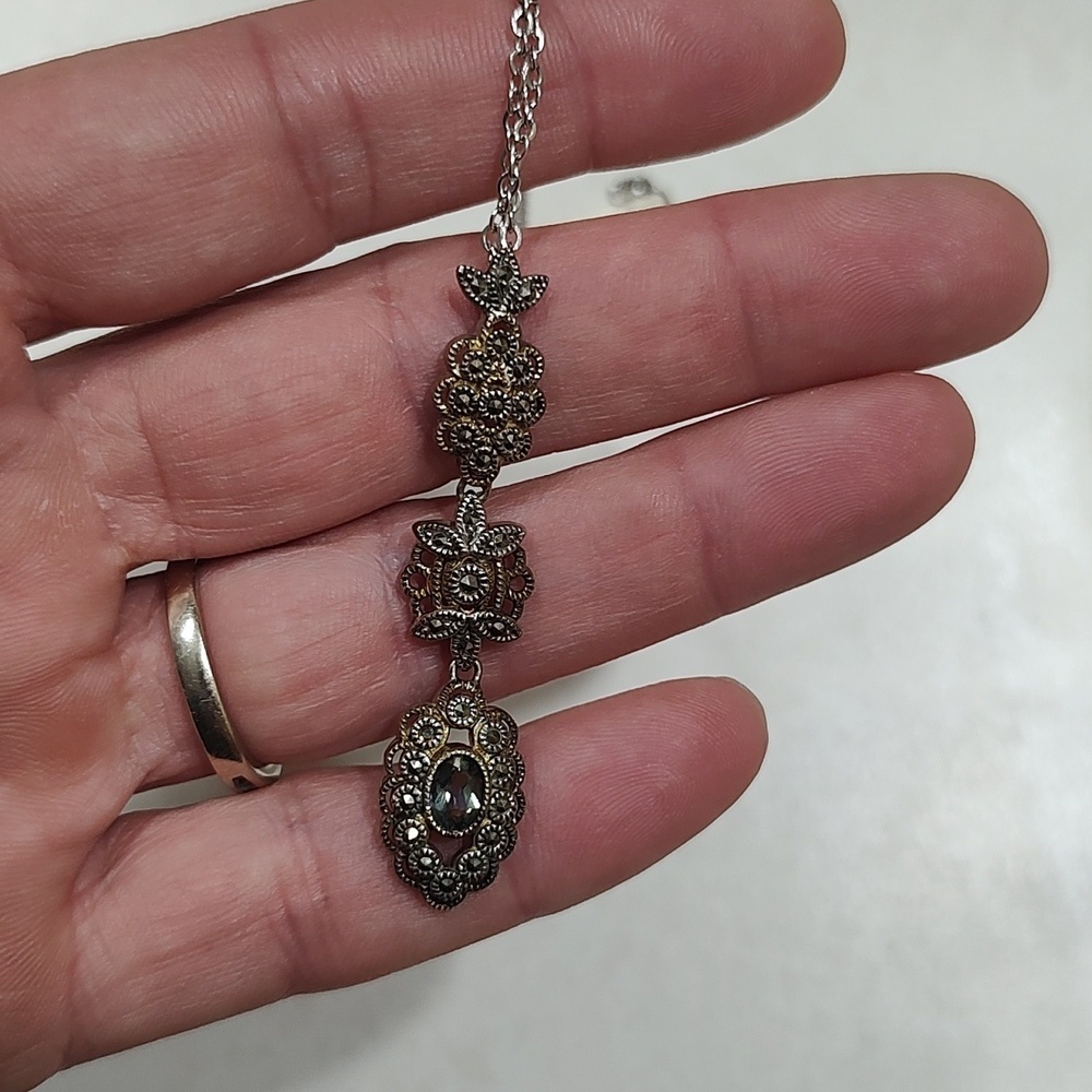Judith Jack Necklace 925 Sterling Silver Triple Drop Marcasite - Picture 4 of 15